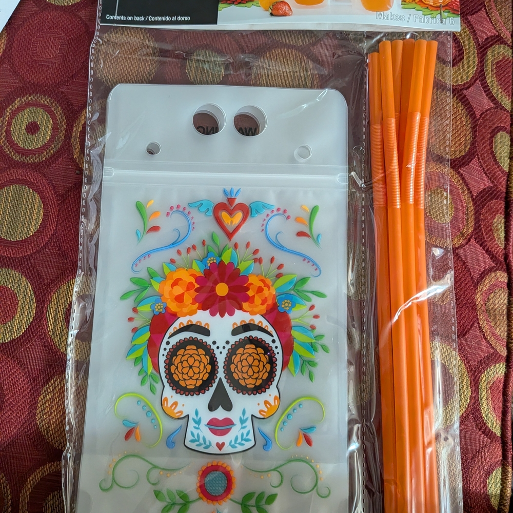 Ashland Colorful Skull Drink Pouches with Orange Straws